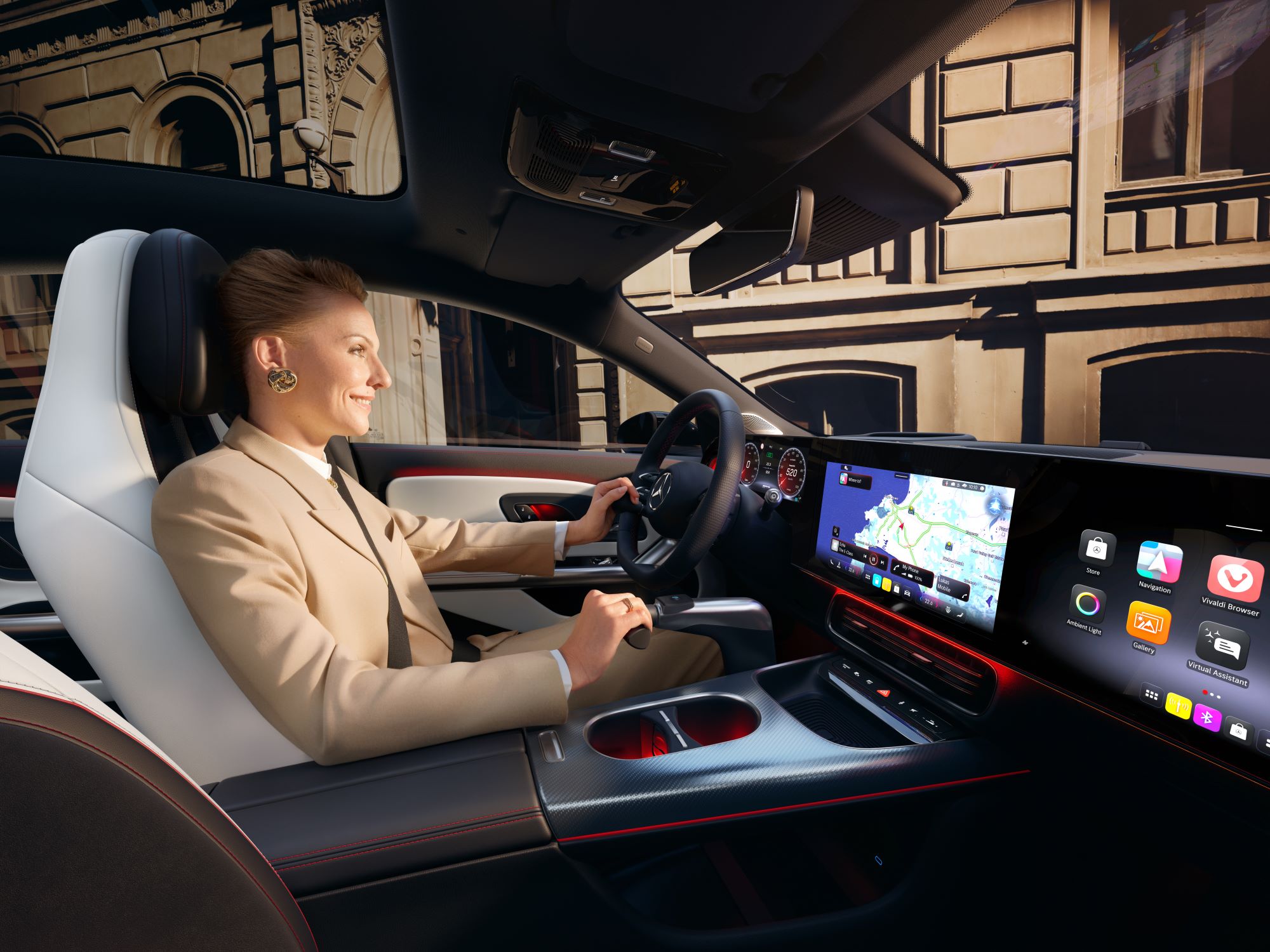 Aides à la direction et de commande | Aides à la conduite | Mercedes-Benz La Mercedes-Benz GLC SUV transformée pour les personnes à mobilité réduite dans une vue latérale et un homme avec un bras amputé.